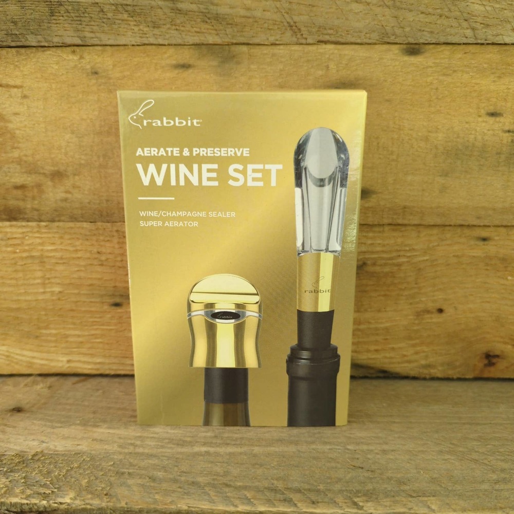 Rabbit Aerate & Preserve Wine Set / Black and Gold / Wine and Champagne Sealer